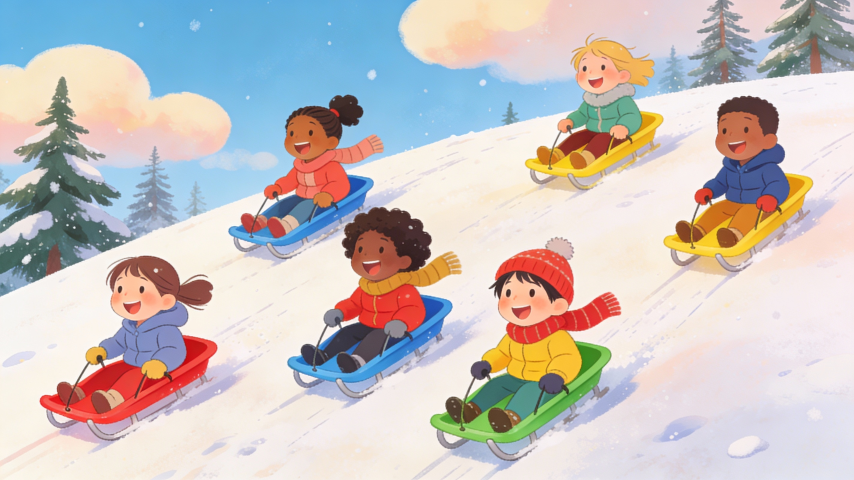 Des enfants de toutes origines font de la luge